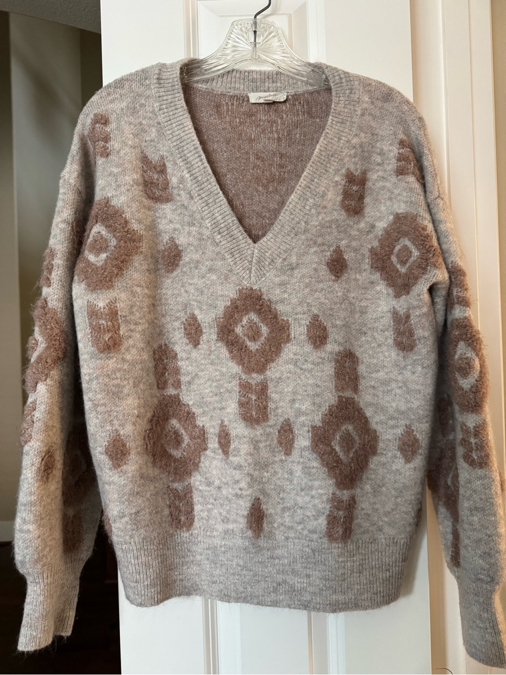 Mystree Taupe & Light Brown V-Neck Geometric Knit Sweater